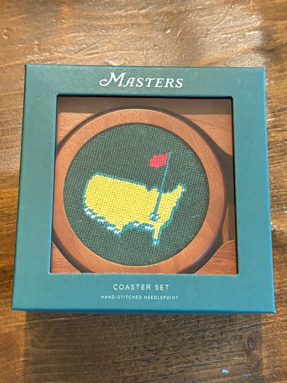 2026 Masters Golf Needlepoint Wood Coaster Set - Green, Yellow & Red Accents